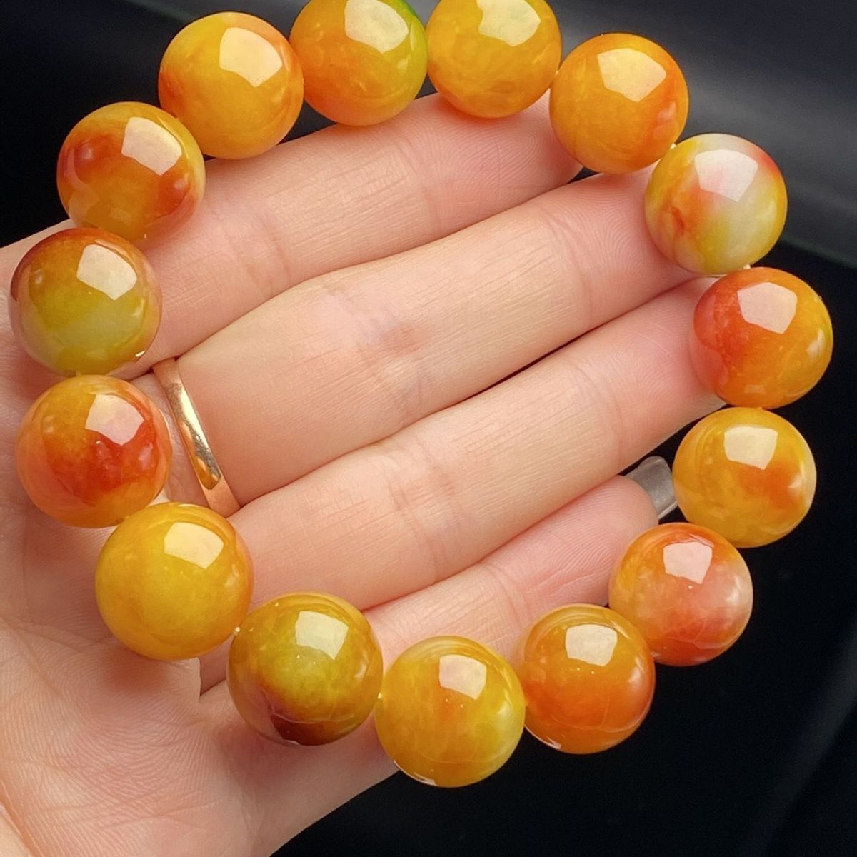 Myanmar Jadeite Bracelet - Laokeng Ice Glutinous Seed Full Color Yellow Red 14mm Round Bead - AuraKin
