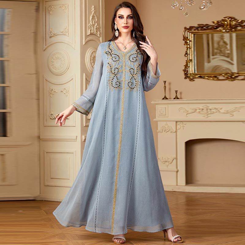 Saudi Arabia Grey Robe V-Neck Embroidered Temperament Dubai Women's Dress Beaded Long Sleeve Fashion Robe - AuraKin