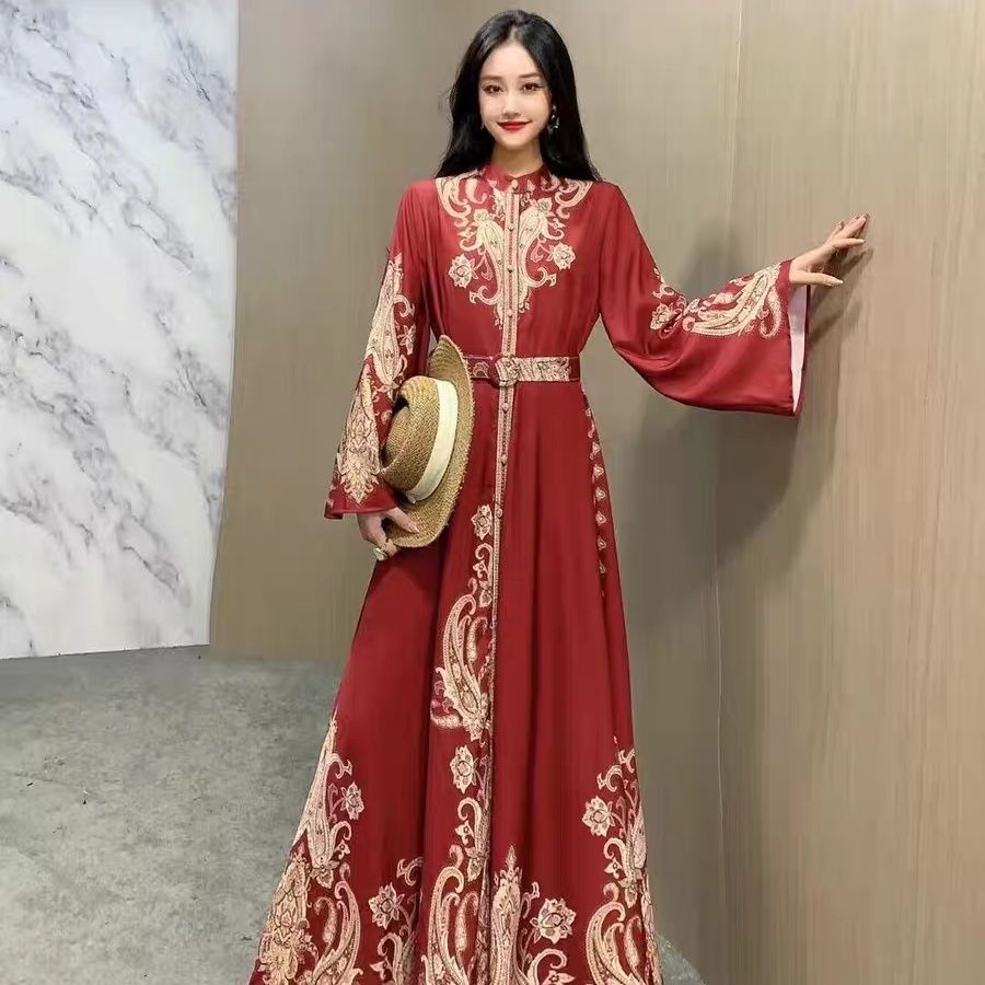 European and American court retro style lantern sleeves single-breasted shirt skirt women's autumn color matching printing big pendulum long dress - AuraKin