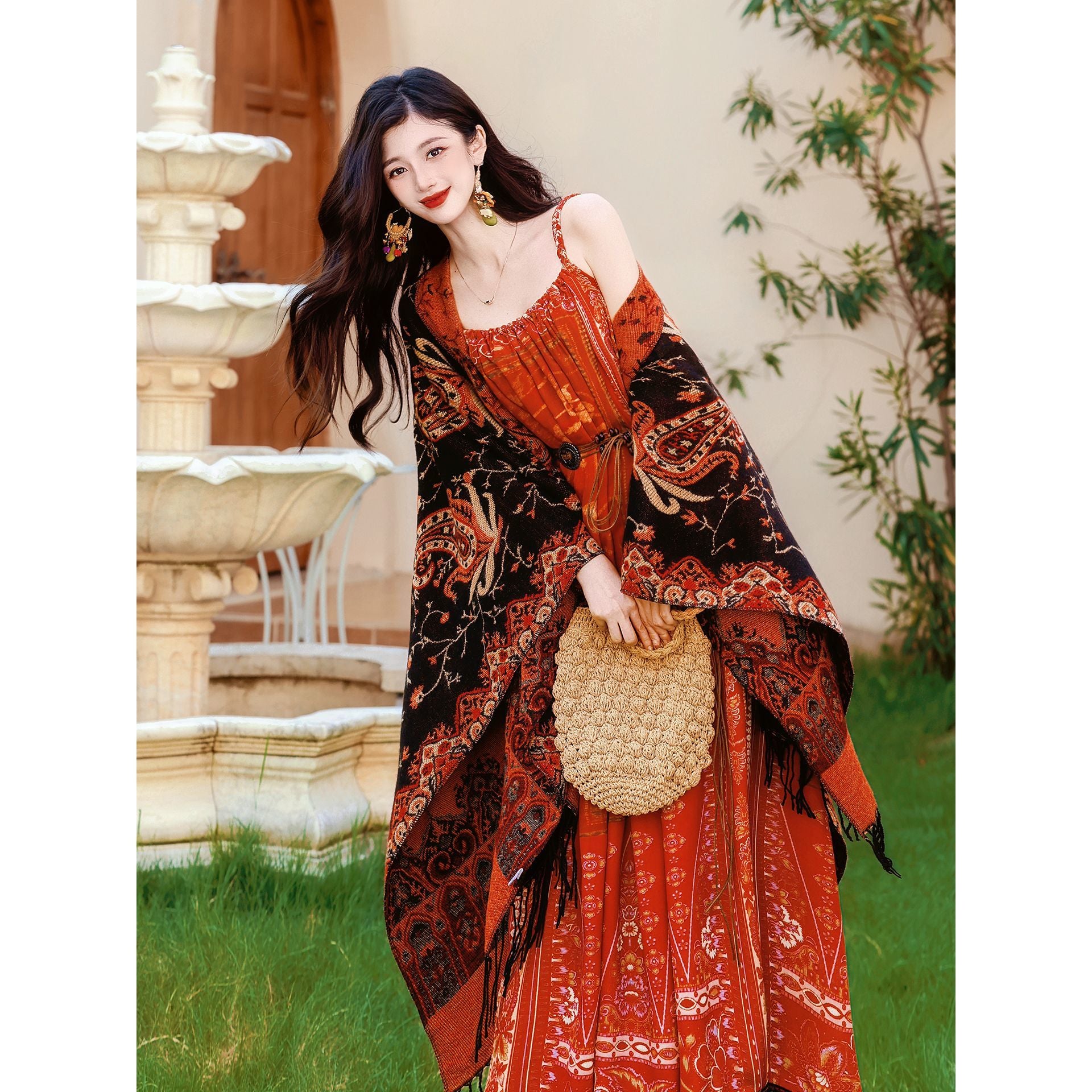 Literary retro ethnic style skirt set shawl + three-dimensional skirt 2025 autumn new middle - AuraKin