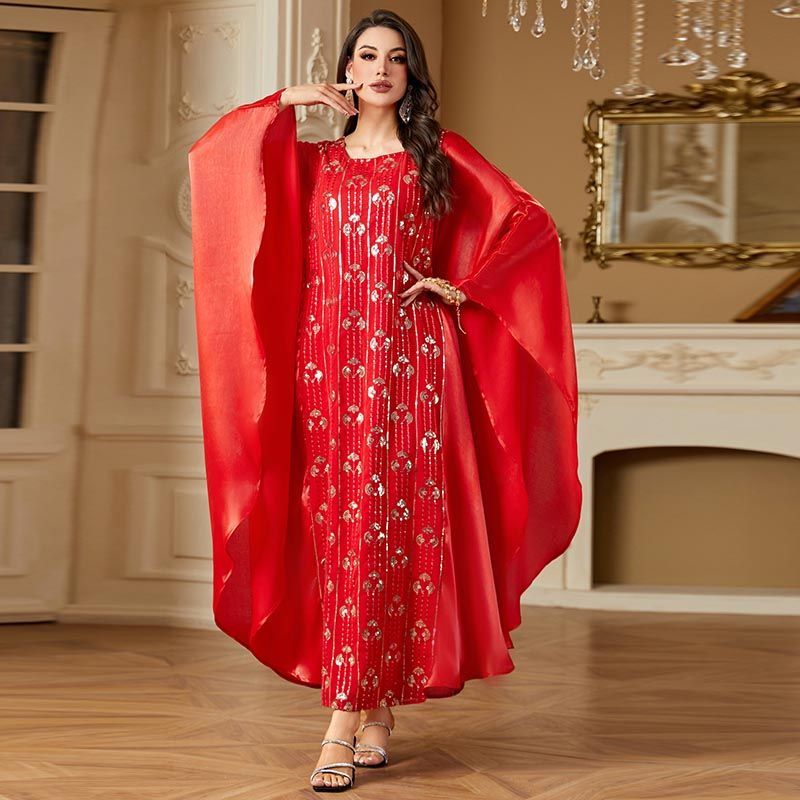 Dubai style banquet red dress dress fat girl bat sleeve long dress Xinjiang heavy industry embroidered robe middle - AuraKin