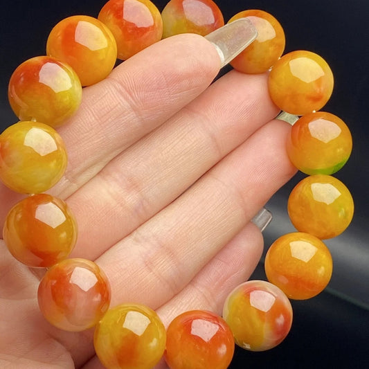 Myanmar Jadeite Bracelet - Laokeng Ice Glutinous Seed Full Color Yellow Red 14mm Round Bead - AuraKin