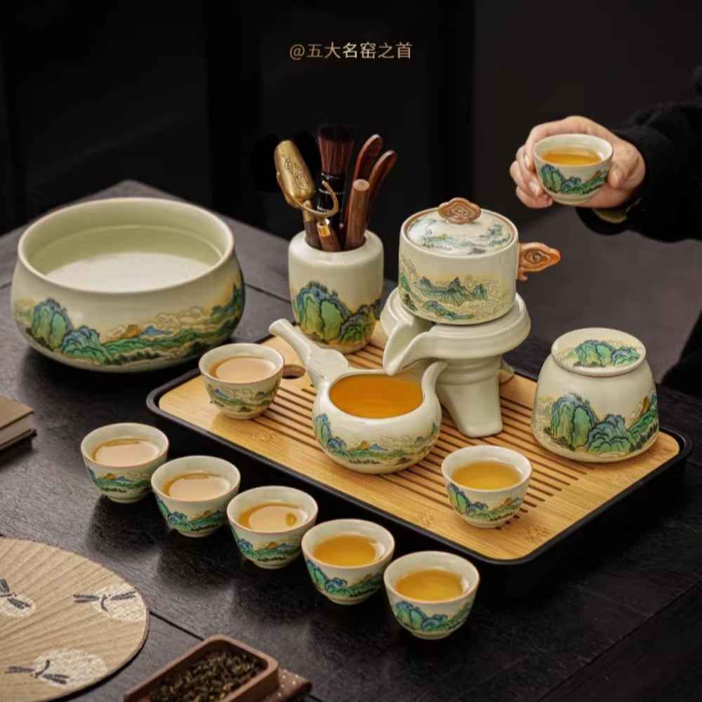 Ru kiln tea set household light luxury high-end Kung Fu tea cup thousand miles Jiangshan gift box housewarming for elders and fathers