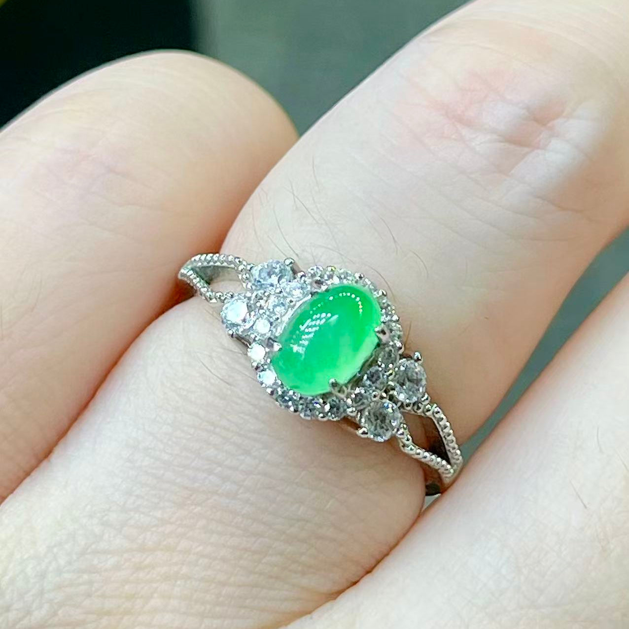 Strong Green Jade Ring, S925 Sterling Silver Inlay, Adjustable Band size