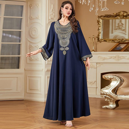 Turkey Dubai Travel Embroidery Long Sleeve Dress Crew Neck Navy Blue Summer Women's Arabian Fashion Robe middle - AuraKin
