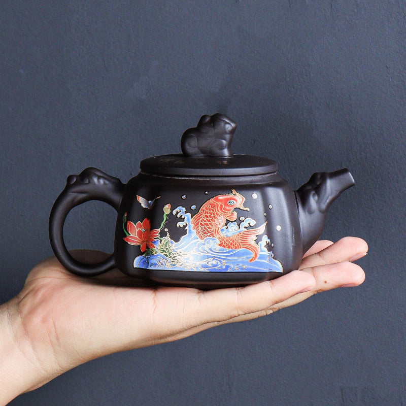 Raw ore purple clay pot color-changing square Pixiu teapot brocade future one pot two cups household kung fu tea set small set - AuraKin