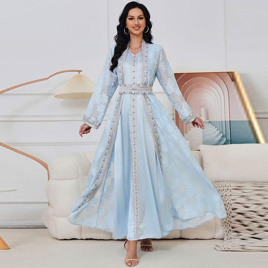 Middle Eastern Arabian Women's V-Neck Embroidered Elegant Long Sleeve Dress Vintage Dubai Gown Cardigan Two-piece Set - AuraKin