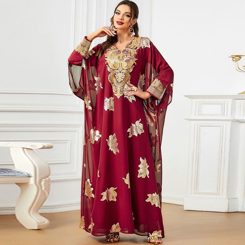 New Arab Dubai luxury bronzing robe two-piece set V-neck bat sleeve long dress ethnic long dress middle - AuraKin