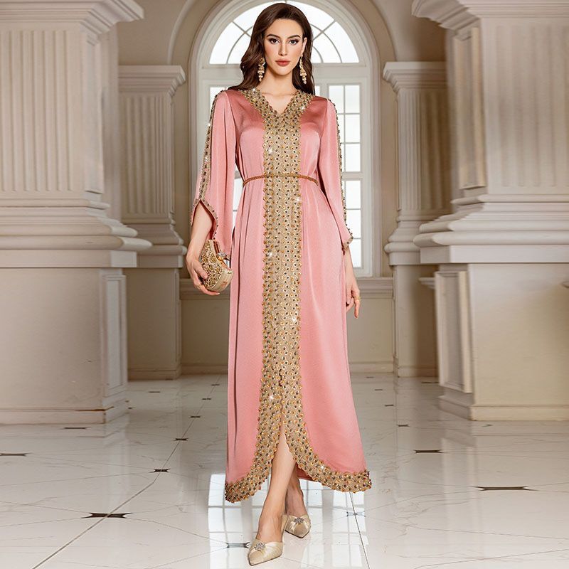 Middle Eastern Arabian Coral Pink Dress Long Dress V-Neck Hand Sewn Bead Long Sleeve Dress Dubai Robe with Belt - AuraKin
