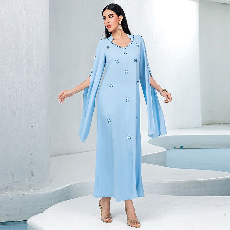 Turkey Dubai Women's Super Long Sleeve V-Neck Dress Fashion Celebrity Arabian Dress Sewn Rhinestone Long Dress middle - AuraKin