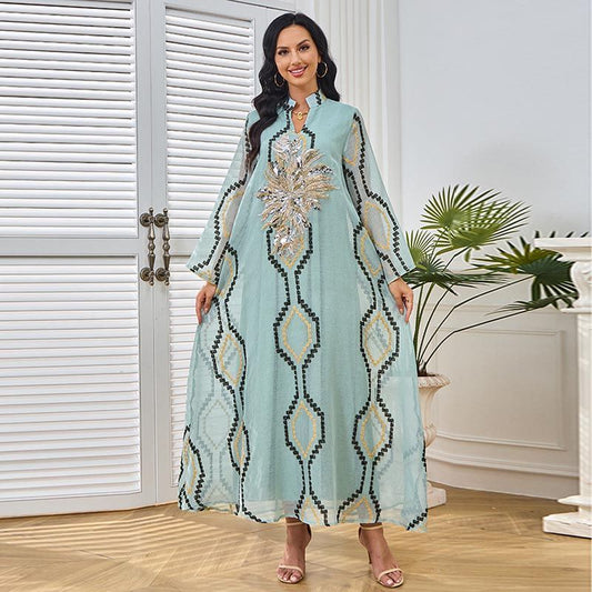 Dubai Women's Robe V-Neck Celebrity Banquet Dress Conservative Dress Collar Sequins Turkish Travel Dress middle - AuraKin