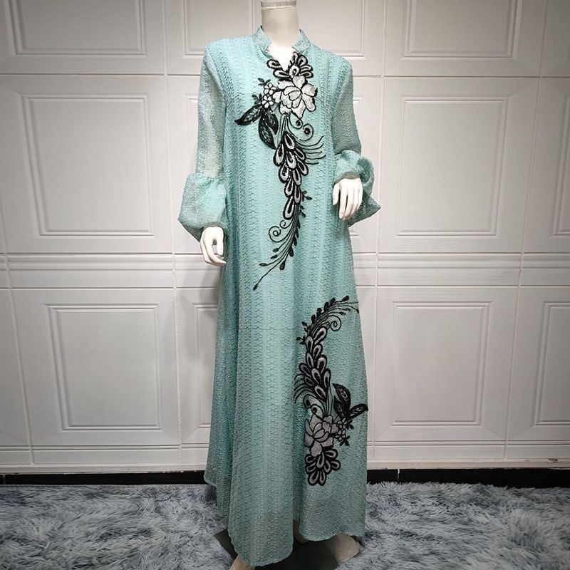 Saudi Arabian ethnic style embroidered robe sequined elegant Dubai style women's clothing to ankle Indian traditional dress - AuraKin