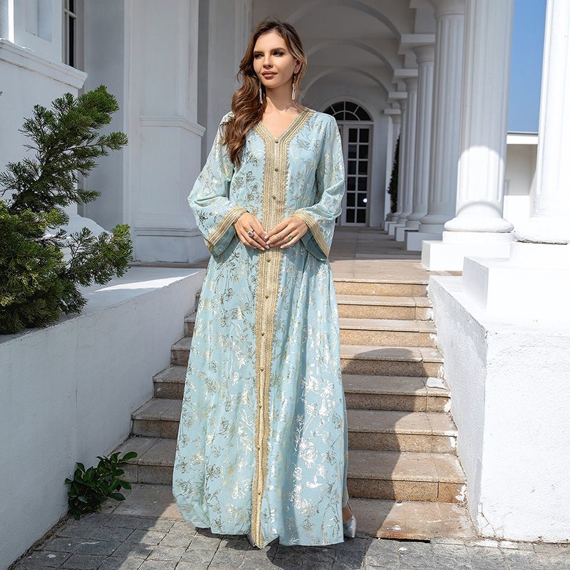 Middle East Dubai dress V-neck bottom grab flower bronzing ethnic style women's clothing thin loose Egyptian women's robe - AuraKin