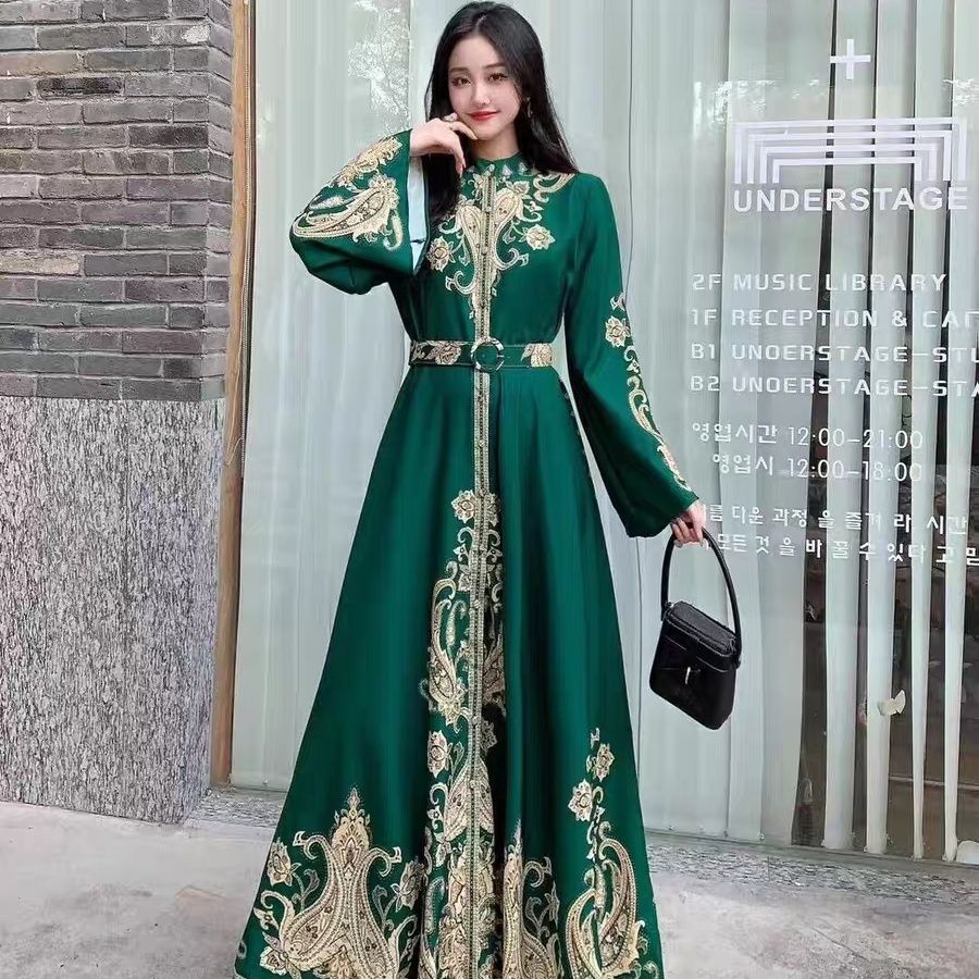 European and American court retro style lantern sleeves single-breasted shirt skirt women's autumn color matching printing big pendulum long dress - AuraKin