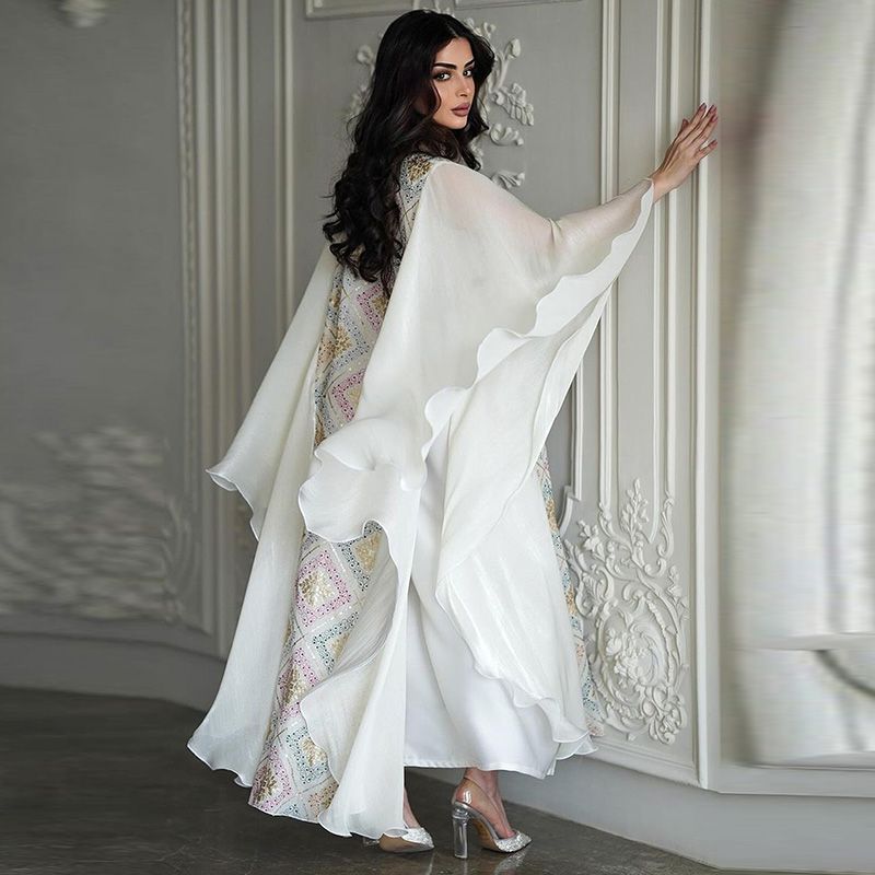 2025 Summer Dubai Style Women's White Robe Bat Sleeve Crew Neck Temperament Elegant Dress Malay Sequins Embroidered Robe middle - AuraKin