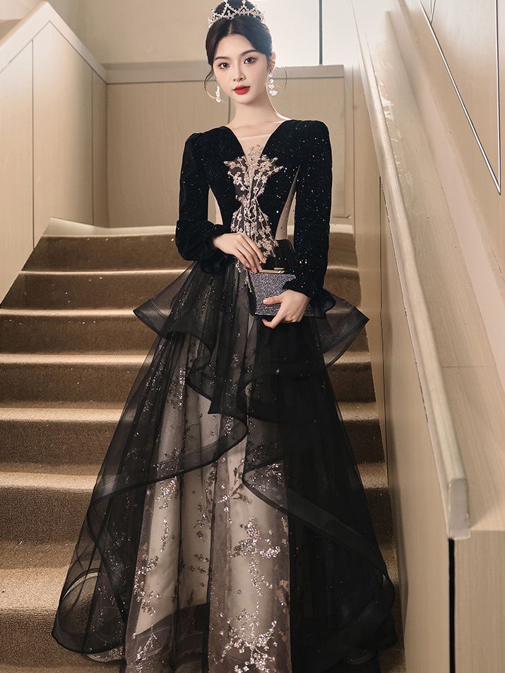 New Year's Black Evening Dress French Banquet Premium Sense Light Luxury Niche High-end Dinner Annual Meeting Host Bar Mitzvah middle - AuraKin