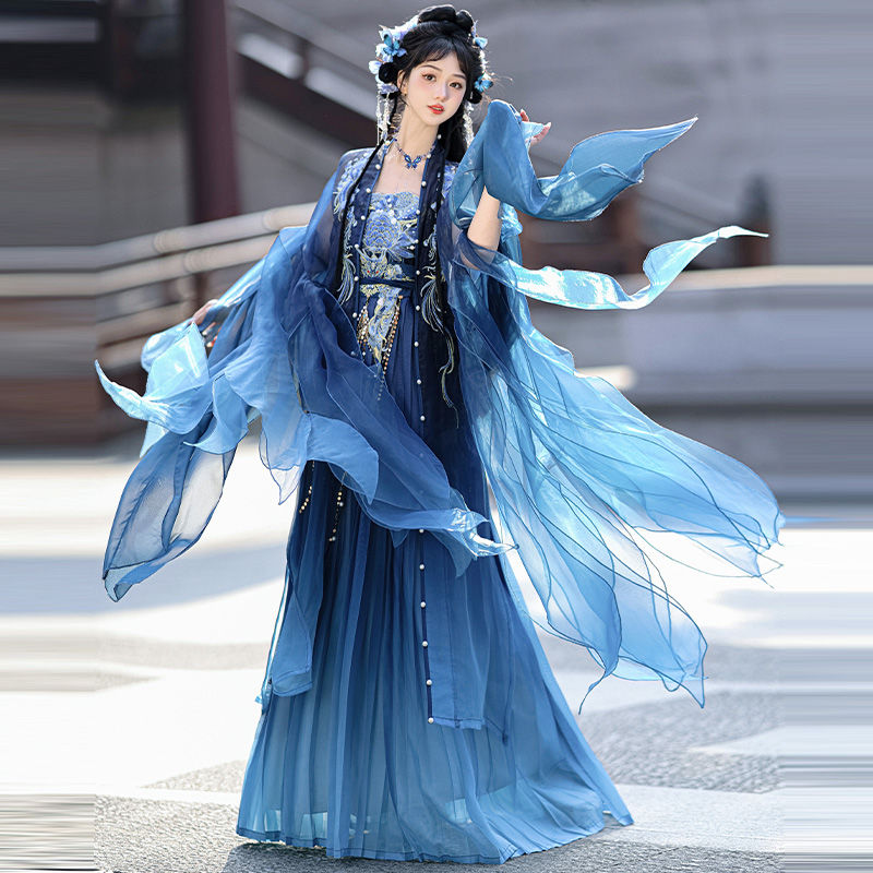 Weiyang Palace [West Sea Dragon King] Original Hanfu Female Southern and Northern Dynasties Fairy Fluttering Embroidered Hockhoe Skirt New Set - AuraKin