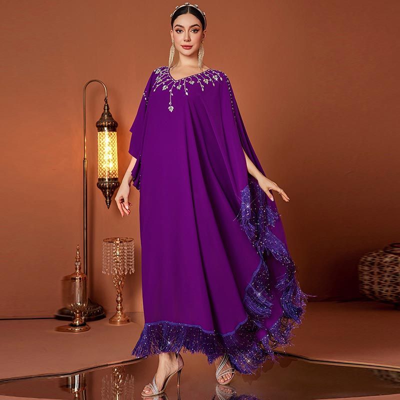 Dubai style women's luxury sequined fringed dress V-neck bat sleeve elegant dress Xinjiang irregular robe middle - AuraKin