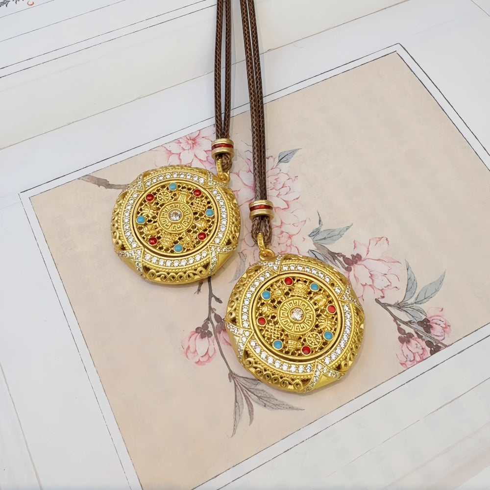 AuraKin Silver Enamel Necklace Fu Wheel
