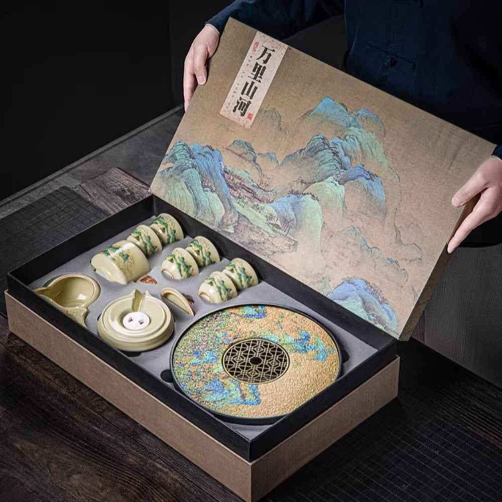 Ru kiln tea set household light luxury high-end Kung Fu tea cup thousand miles Jiangshan gift box housewarming for elders and fathers
