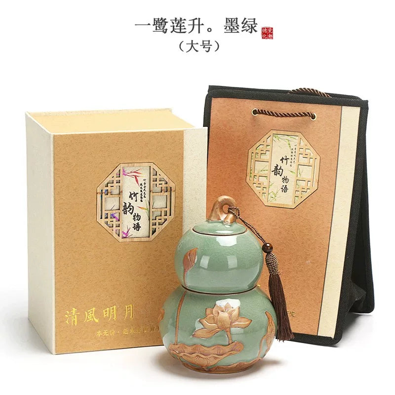 Internet celebrity feng shui porcelain pot gourd ornament ceramic tea can sealed tank tea storage tank small tea can boutique high-end - AuraKin