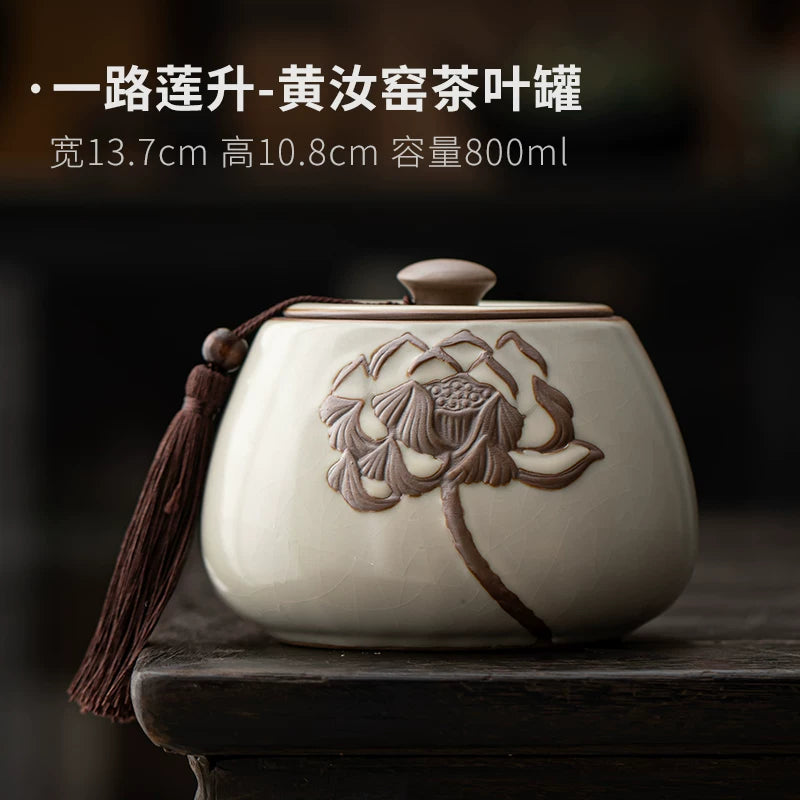 Beige Ru kiln tea sealed jar creative retro lotus tea storage tank green tea black tea universal moisture-proof tea jar - AuraKin