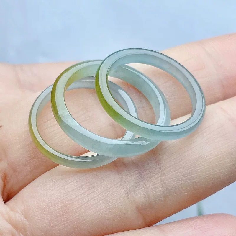 Natural jadeite ice blue ring clear water ring women's thin edge thin strip ice waxy double color ring can be selected narrow edge jade ring