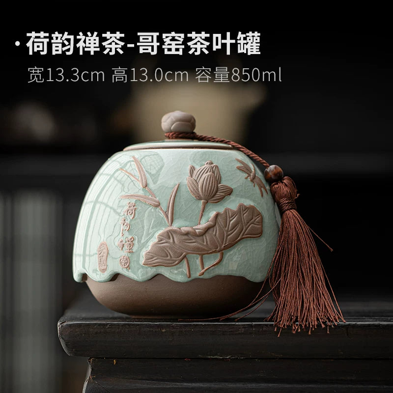 Beige Ru kiln tea sealed jar creative retro lotus tea storage tank green tea black tea universal moisture-proof tea jar - AuraKin