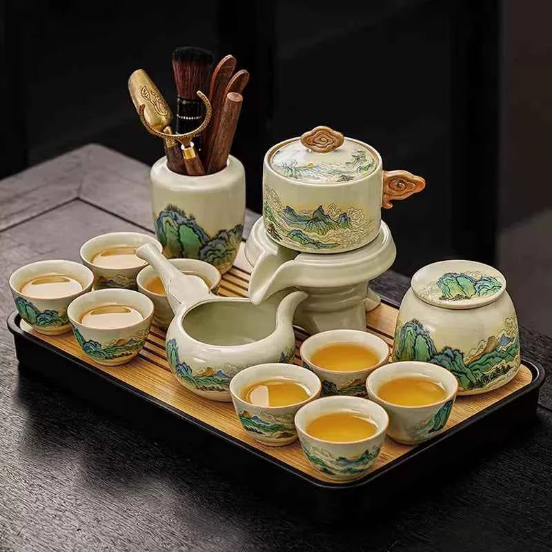 Ru kiln tea set household light luxury high-end Kung Fu tea cup thousand miles Jiangshan gift box housewarming for elders and fathers