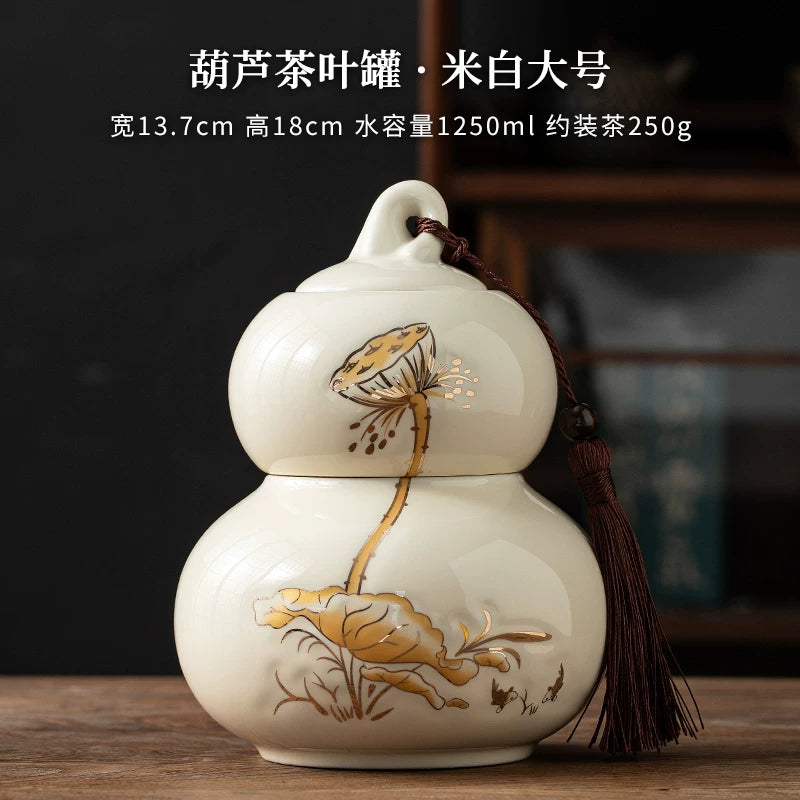Internet celebrity feng shui porcelain pot gourd ornament ceramic tea can sealed tank tea storage tank small tea can boutique high-end - AuraKin