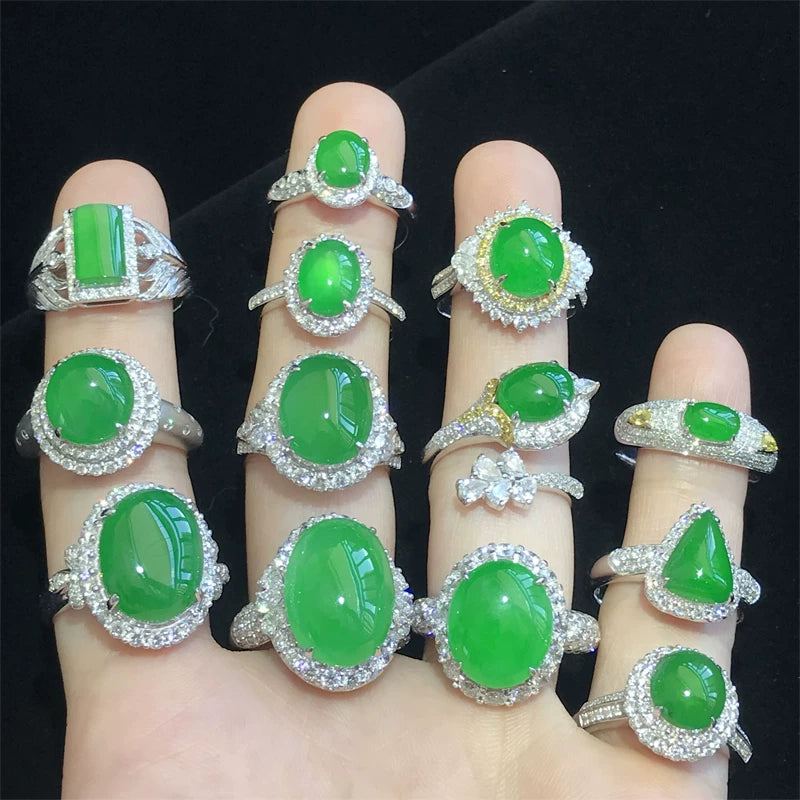 Myanmar natural a product high-end jadeite jade ring face yang green glass 18K women's gold inlaid with ice naked stone