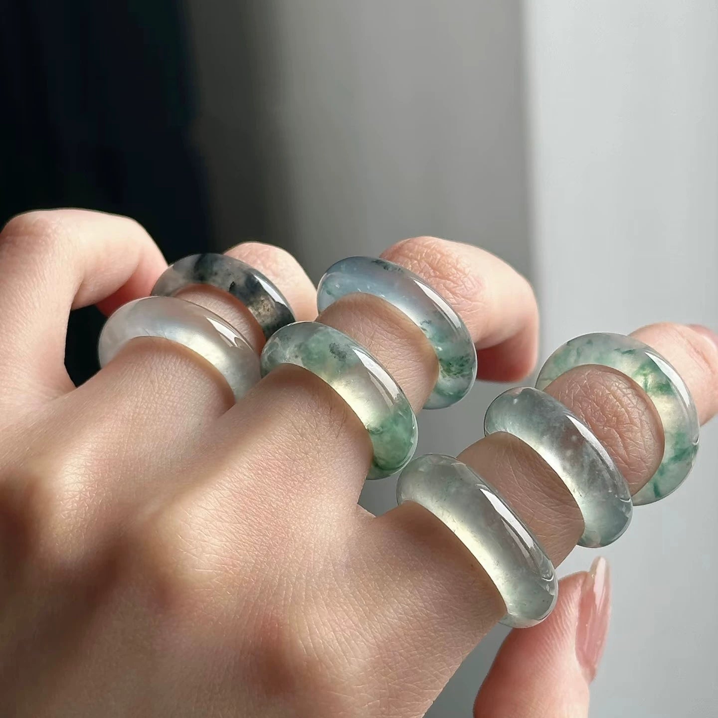 Natural ice yang green jadeite ring, Myanmar natural a product, genuine flower full green jade ring ring, men's and women's models.