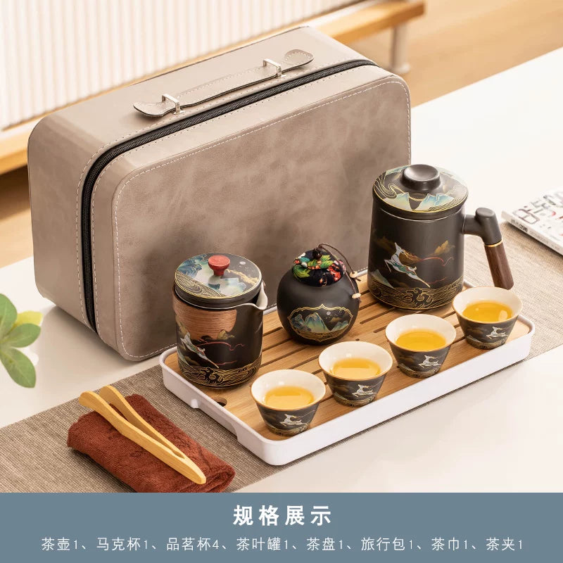 AuraKin travel portable ceramic tea set for outdoor and office tea rituals