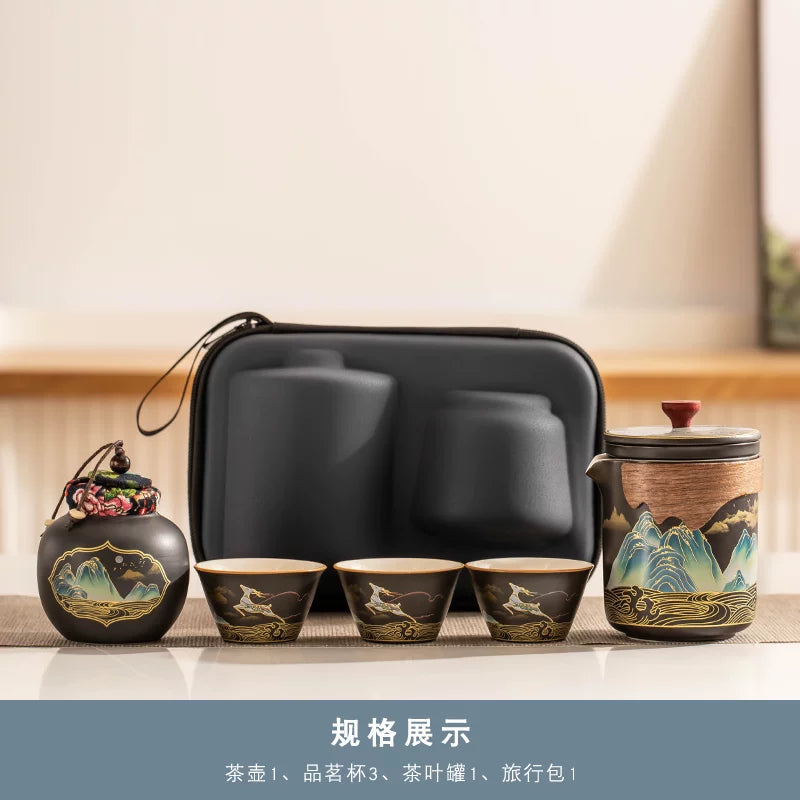 AuraKin travel portable ceramic tea set for outdoor and office tea rituals