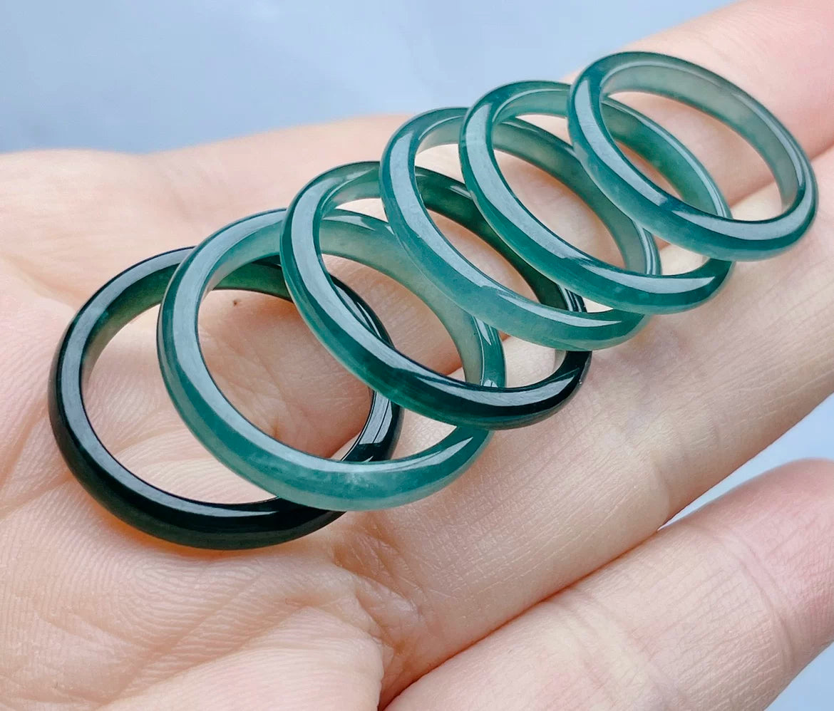 Natural jadeite ice blue ring clear water ring women's thin edge thin strip ice waxy double color ring can be selected narrow edge jade ring