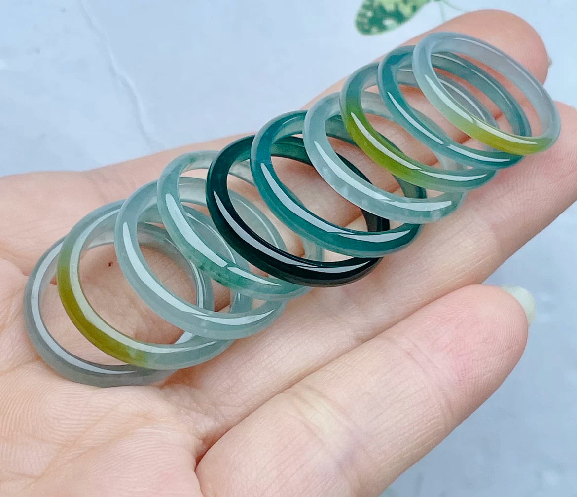 Natural jadeite ice blue ring clear water ring women's thin edge thin strip ice waxy double color ring can be selected narrow edge jade ring
