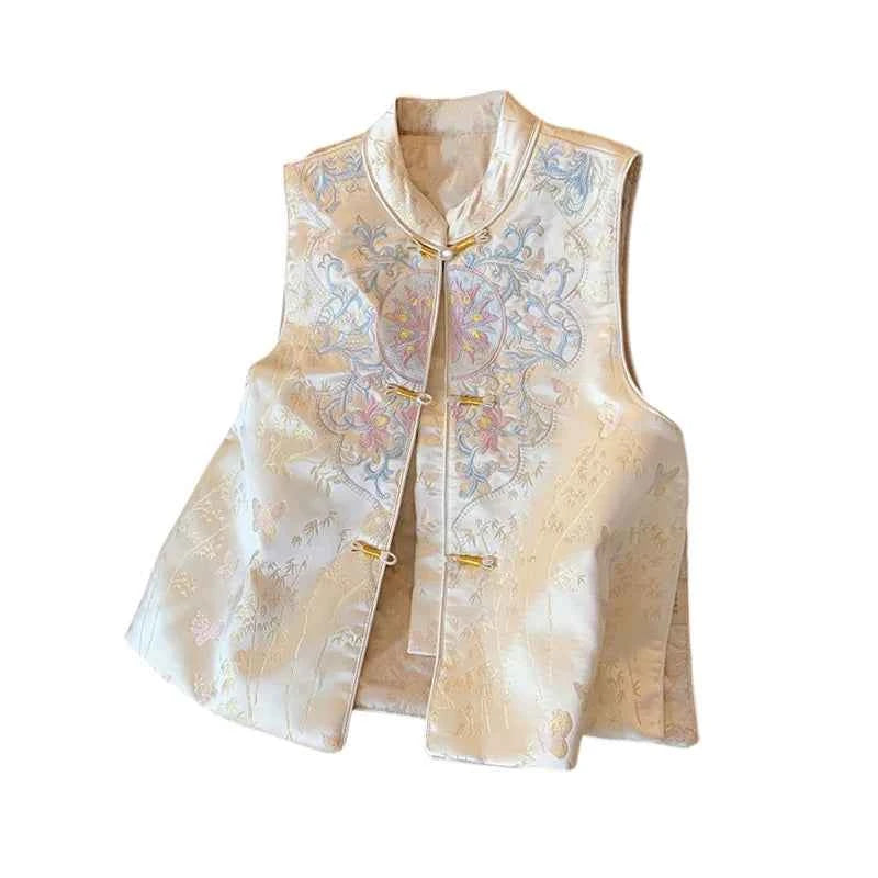 Champagne new Chinese embroidered buckle vest women's 2026 autumn wear new national style stand-up collar vest
