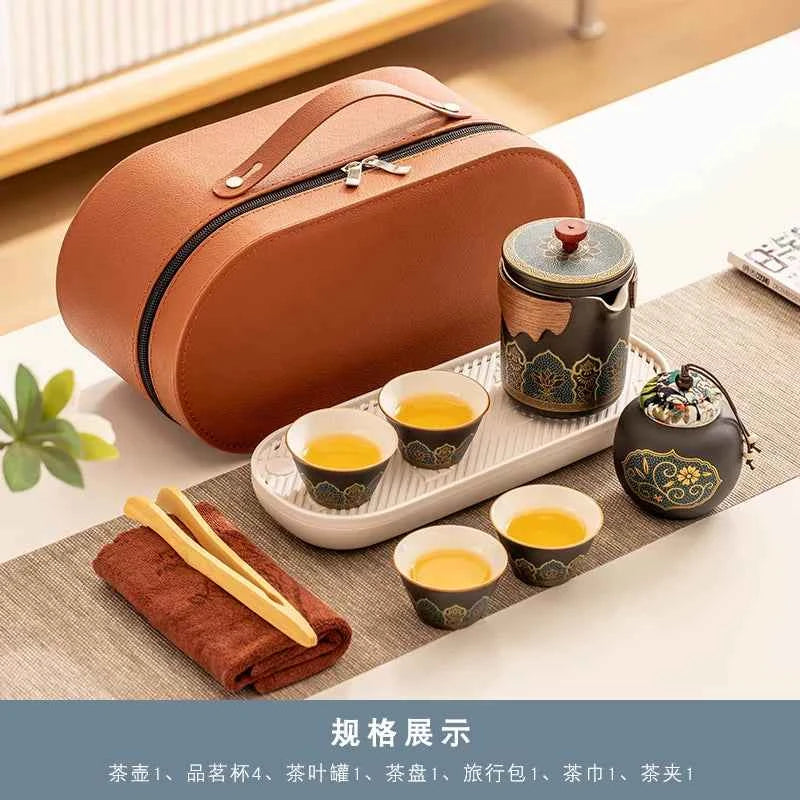 AuraKin travel portable ceramic tea set for outdoor and office tea rituals