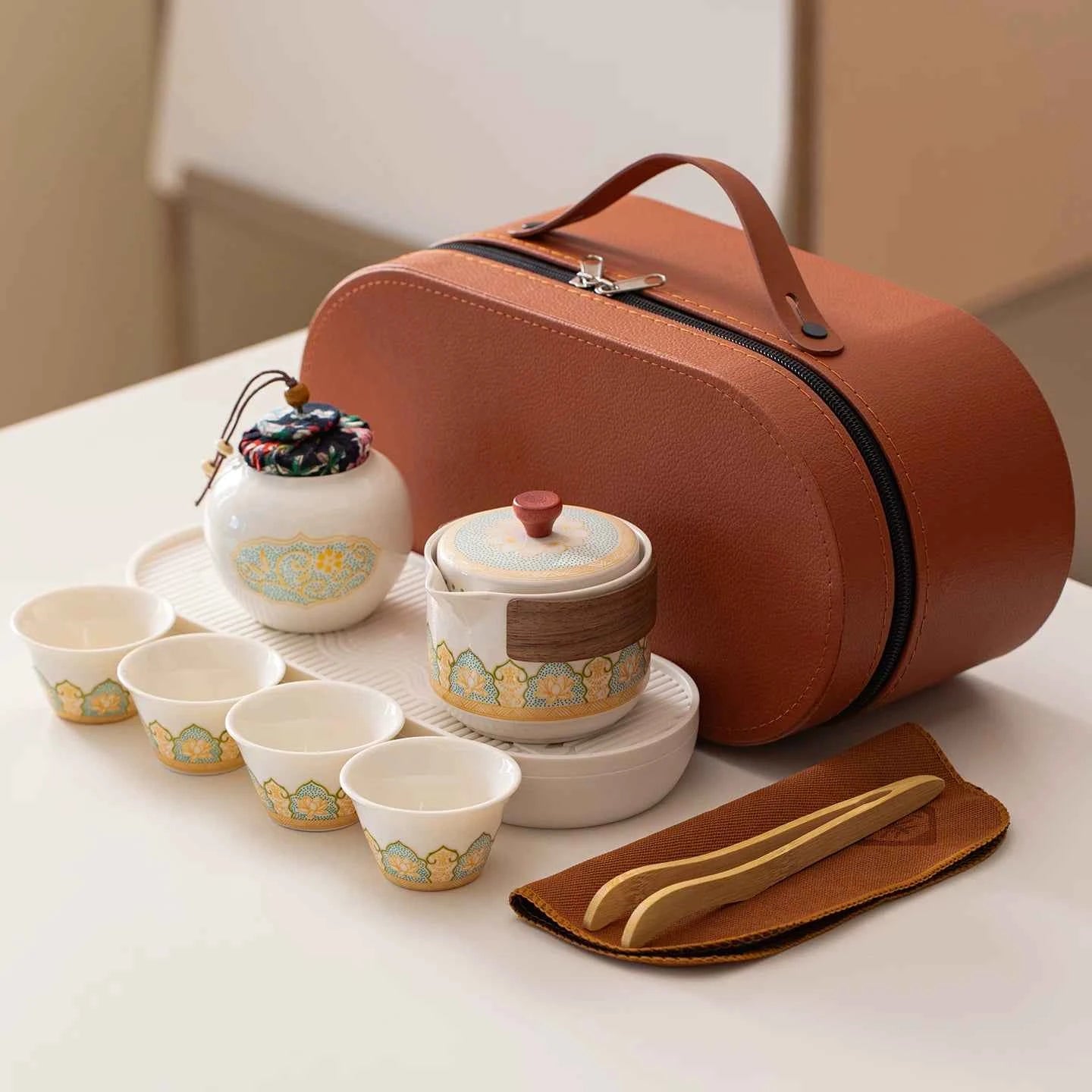 AuraKin travel portable ceramic tea set for outdoor and office tea rituals