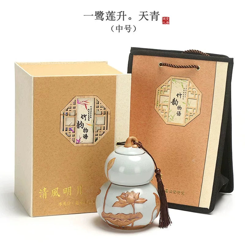 Internet celebrity feng shui porcelain pot gourd ornament ceramic tea can sealed tank tea storage tank small tea can boutique high-end - AuraKin