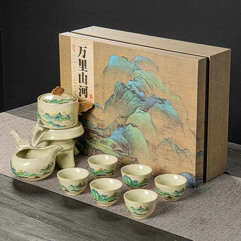 Ru kiln tea set household light luxury high-end Kung Fu tea cup thousand miles Jiangshan gift box housewarming for elders and fathers