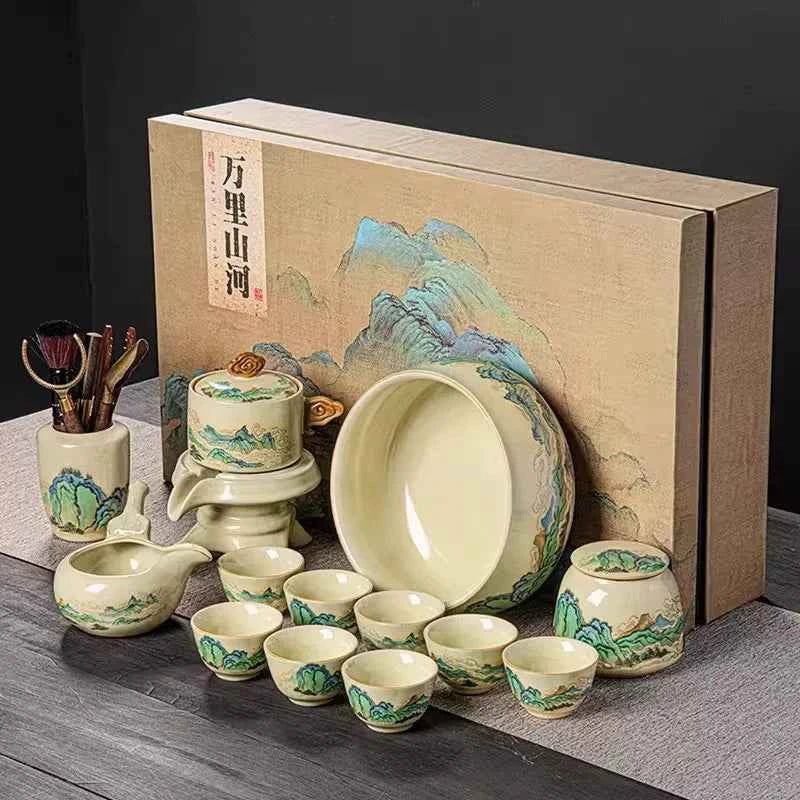 Ru kiln tea set household light luxury high-end Kung Fu tea cup thousand miles Jiangshan gift box housewarming for elders and fathers