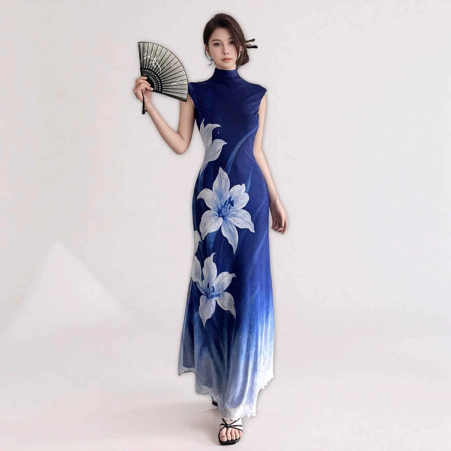 New Chinese style cool plant floral cheongsam dress blue gradual change sleeveless dress women