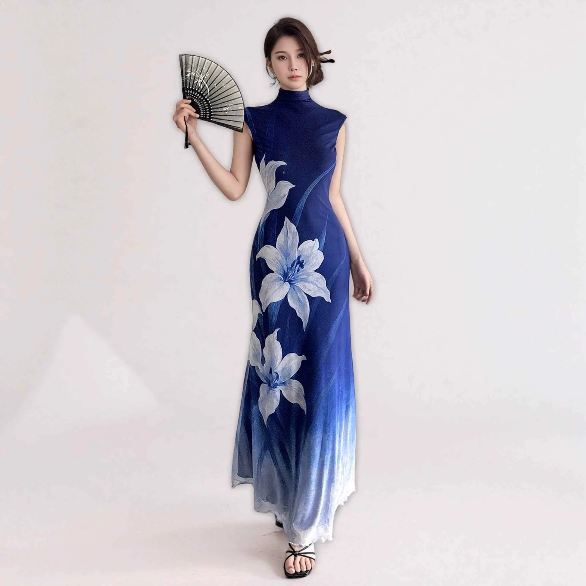 New Chinese style cool plant floral cheongsam dress blue gradual change sleeveless dress women