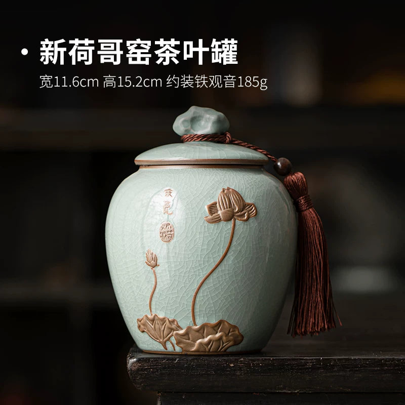 Beige Ru kiln tea sealed jar creative retro lotus tea storage tank green tea black tea universal moisture-proof tea jar - AuraKin