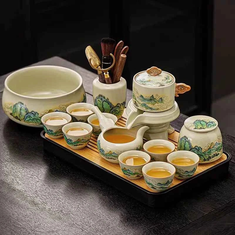 Ru kiln tea set household light luxury high-end Kung Fu tea cup thousand miles Jiangshan gift box housewarming for elders and fathers