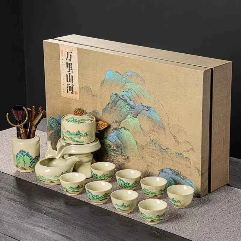 Ru kiln tea set household light luxury high-end Kung Fu tea cup thousand miles Jiangshan gift box housewarming for elders and fathers