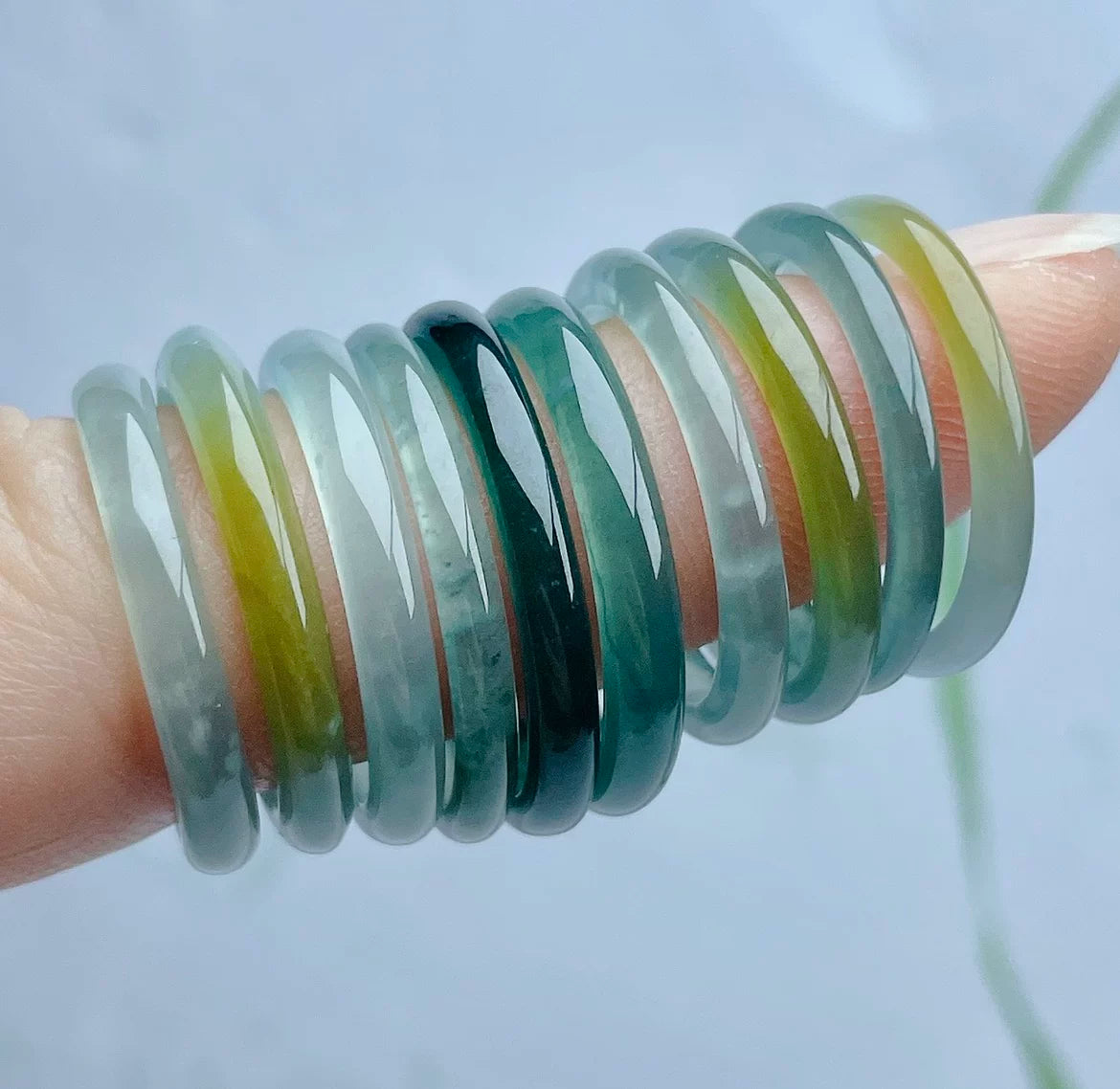 Natural jadeite ice blue ring clear water ring women's thin edge thin strip ice waxy double color ring can be selected narrow edge jade ring