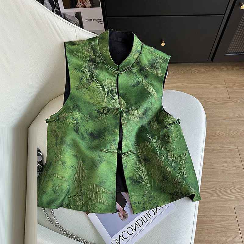 2026 early spring national style vest spring and autumn retro buckle vest high-end single-sided wear jacquard new top