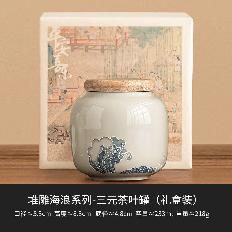 Extremely plain stacked carved wave tea can Small portable tea storage tank Moisture-proof sealed jar Hand-painted ceramic tea can - AuraKin
